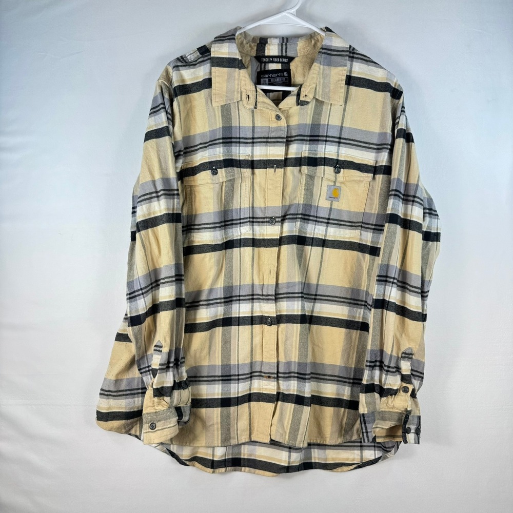 Carhartt Relaxed Fit Plaid Flannel Shirt Tan Black Tencel Series TW6447-W XL